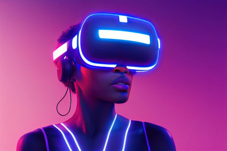 xr, metaverse, mr, mixed reality, virtual reality, augmented reality, african american, female, woman, lady, girl, black, america, pink, purple, blue, neon, lighting